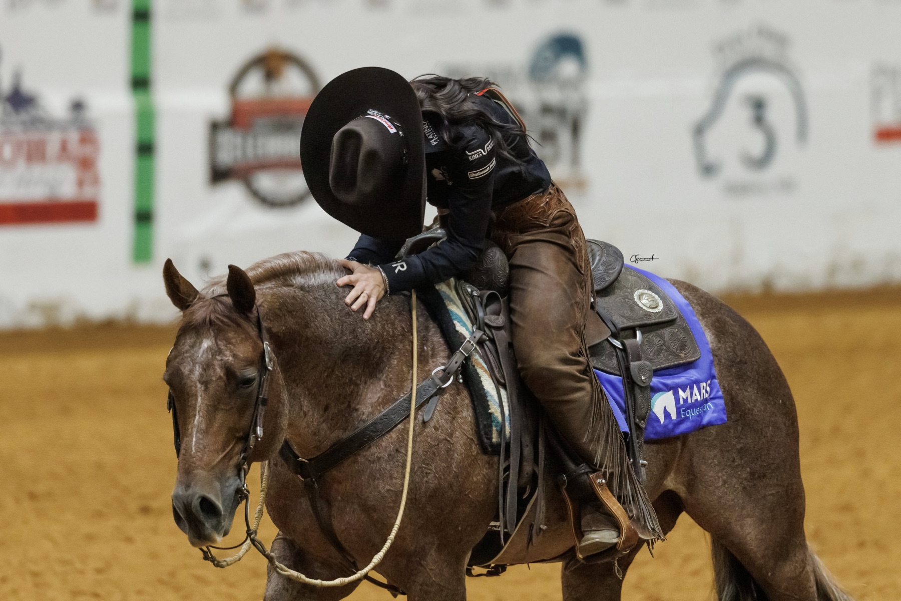 Erin Taormino leaning down to hug Hazardouz Material's neck after their run
